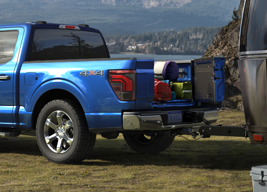 2024 Ford F-150® pickup Pro-Access Tailgate open with gear in the truck bed